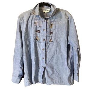 Vintage Hiroko Blues Chambray Button Down Trees Floral Embroidered Shirt Sz 14
